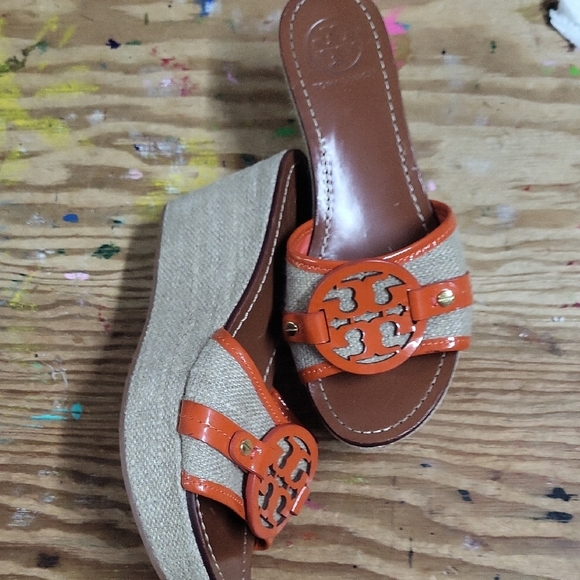 Orange and Tan Wedge Sandals with Decorative Buckle - Picture 1 of 4